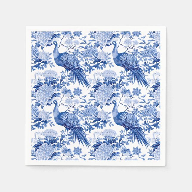 Blaues Weiß Chinoiserie Blumenpfaue Vögel Serviette (Vorderseite)