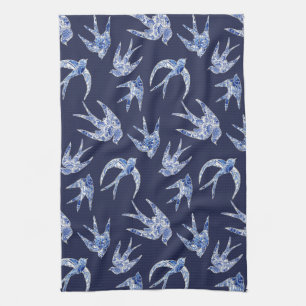 Blaues Weißes Chinoiserie Chic Bird Mosaik Tile Geschirrtuch