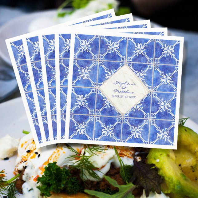 Blaues, weißes Fliesenmuster Hochzeit Wasserfarbe  Serviette (Von Creator hochgeladen)