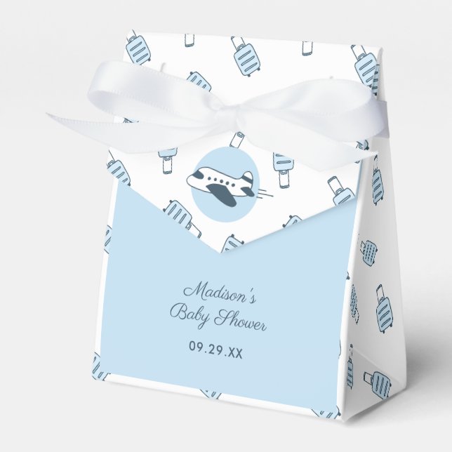 Blaues weißes Flugzeug + Gepäckmuster Babydusche Geschenkschachtel (Vorderseite)