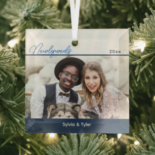 Blaues weißes Foto Hochzeit Ornament Aus Glas