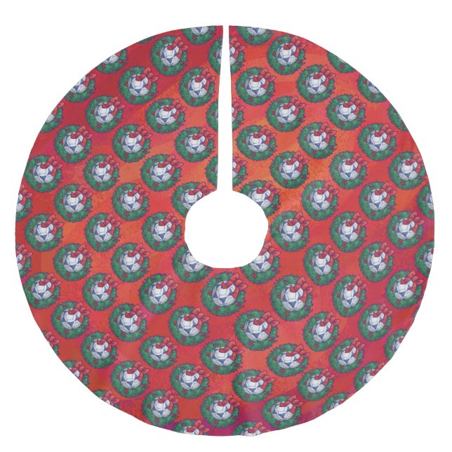 Blaues, weißes Fußballball-Muster auf Rot Polyester Weihnachtsbaumdecke (Vorderseite)