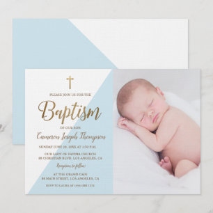 Blaues weißes Goldtaufe-Baby Jungen-Foto Einladung