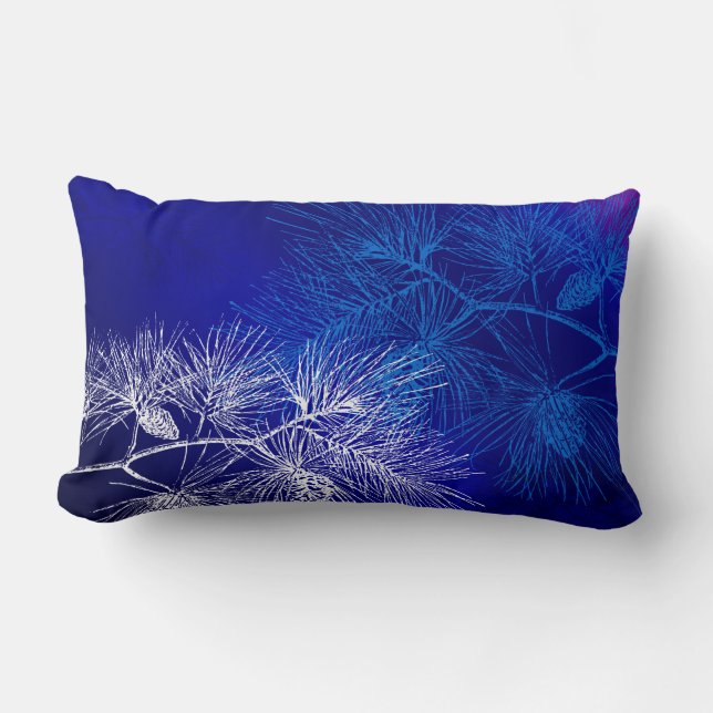 Blaues weißes Holiday Pine Throw Kissen (Vorderseite)