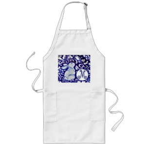 Blaues Weißes Kaninchen-Bird-Floral-Monogramm Ele Lange Schürze