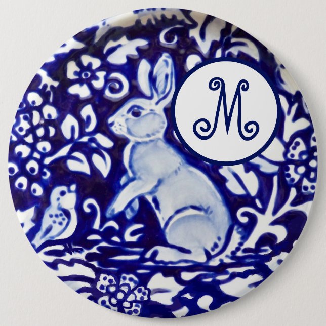 Blaues Weißes Kaninchen-Bird-Floral-Monogramm Eleg Button (Vorderseite)