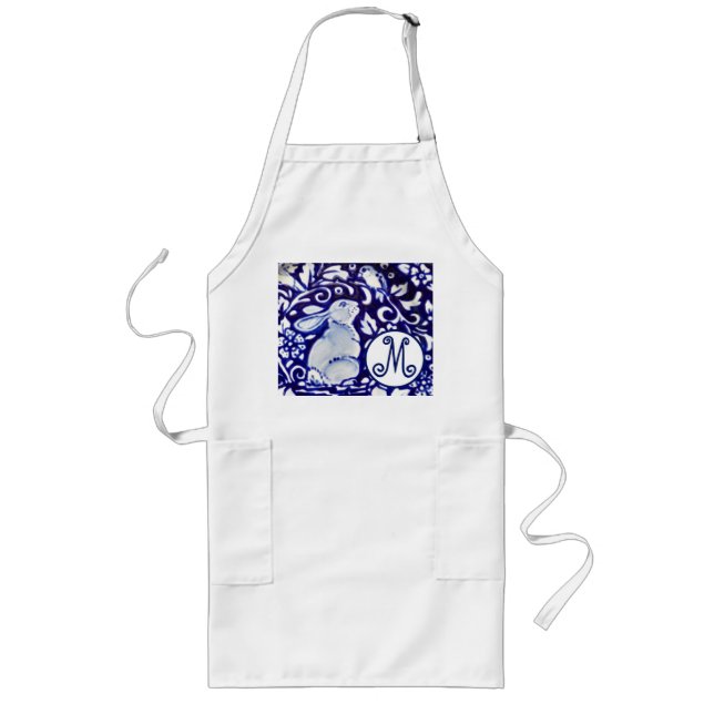 Blaues Weißes Kaninchen-Bird-Floral-Monogramm Eleg Lange Schürze (Vorne)