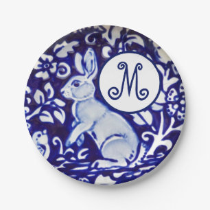 Blaues Weißes Kaninchen-Bird-Floral-Monogramm Eleg Pappteller