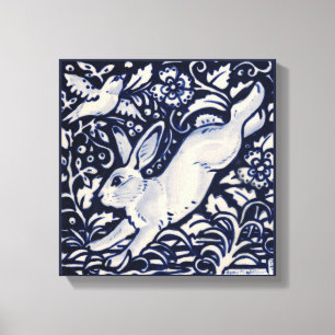 Blaues Weißes Kaninchen Hare Bunny Bird Floral Wo Leinwanddruck
