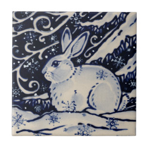 Blaues Weißes Kaninchen Winterschnee Chinoiserie  Fliese