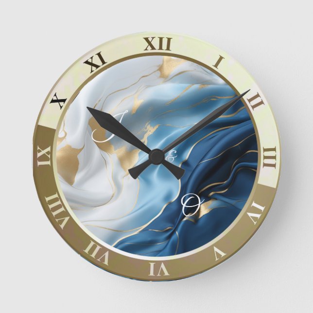 Blaues weißes Marmor mit goldenem Seidenaussehen Runde Wanduhr (Vorderseite)