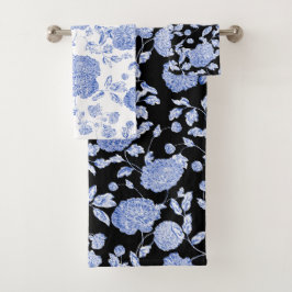 Blaues weißes modernes Vintages BlumenToile Badhandtuch Set