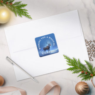 Blaues Weißes Rentier Wunderland Weihnachten Quadratischer Aufkleber
