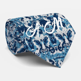 Blaues weißes Retro-Ikat-Muster 2 Monogramm-Initia Krawatte