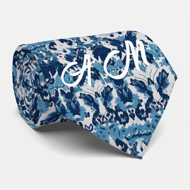 Blaues weißes Retro-Ikat-Muster 2 Monogramm-Initia Krawatte (Gerollt)