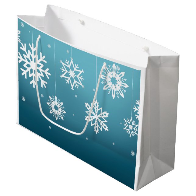 Blaues weißes Schneeflocke-Muster-Weihnachten Große Geschenktüte (Vorderseite Schrägansicht)