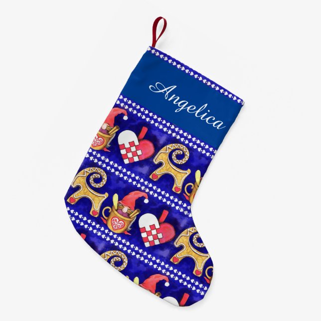 Blaues weißes und rotes schwedisches kleiner weihnachtsstrumpf (Vorderansicht (hängend))