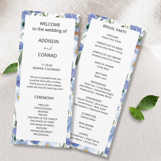 Blaues weißes Wasser Botanische Hochzeit Programm (Von Creator hochgeladen)