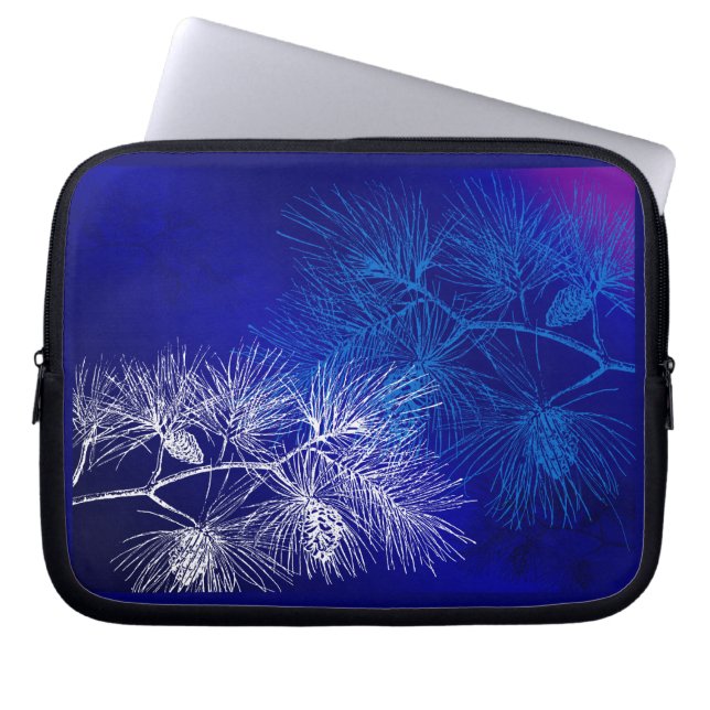 Blaues weißes Winterpinienmuster Laptopschutzhülle (Vorderseite)
