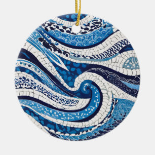 Blaues Wellenmuster 05 Keramik Ornament