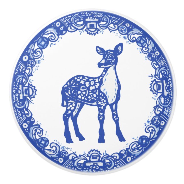 Blaues Willow Design Blumentaube steht genau vor d Keramikknauf (Vorderseite)