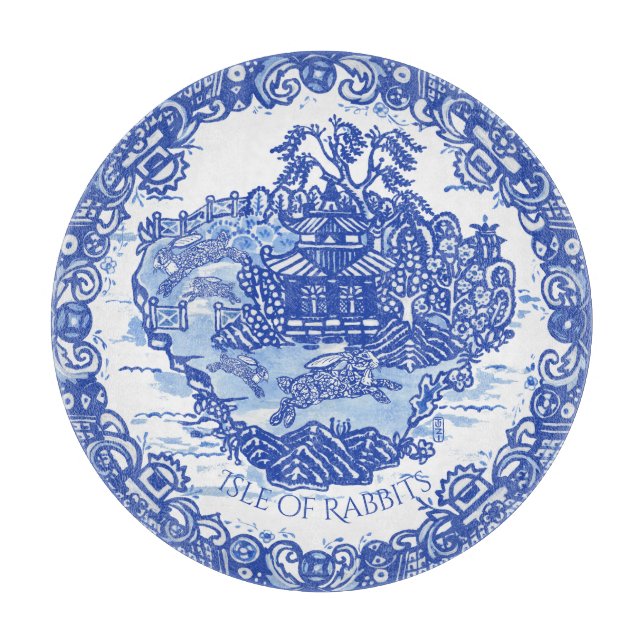 Blaues Willow Rabbit Island White Whimsical Toile  Schneidebrett (Vorderseite)