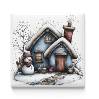 Blaues Winterhäuschen Weihnachtsmagnet Magnet