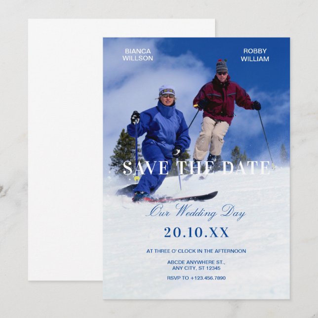 Blaues Winterski Hochzeitsfest Foto Save The Date (Vorne/Hinten)