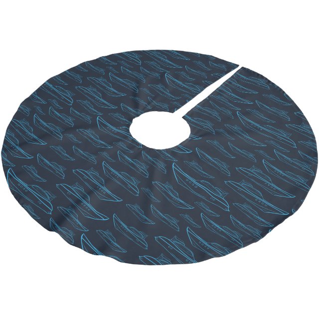 Blaues Yacht-Muster Polyester Weihnachtsbaumdecke (Schrägansicht)