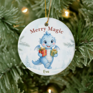 Blaues Zauber-Weihnachts-Babydrache Keramik Ornament