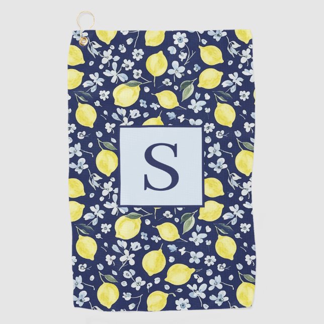 Blaues Zitronen-Blumen-Monogramm Golfhandtuch (Vorderseite)
