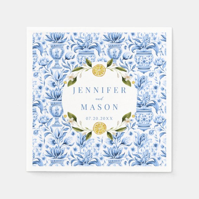 Blaues Zitronenlemon Italienische Hochzeitspapiere Serviette (Vorderseite)