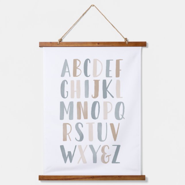 Blaufarben Alphabet neutrales Kinderzimmer Dekor Wandteppich Mit Holzrahmen (Vorderseite)