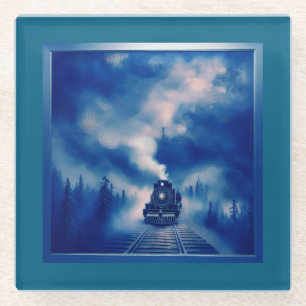 Blaufarbendarstellung mit alter Dampflokomotive Glasuntersetzer