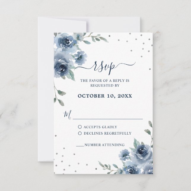 Blauflatte Bläserne Botanische Chic Hochzeit RSVP Karte (Vorderseite)