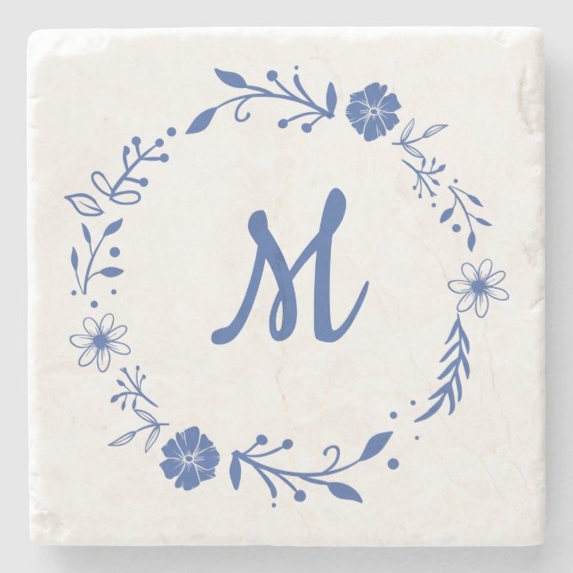 Blauflorale Monogramm-Kleider-Design Steinuntersetzer (Vorderseite)
