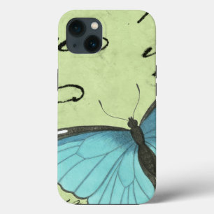 Blauflügel-Schmetterling auf Türkis-Postkarte iPhone Hülle
