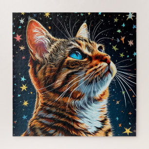 Blaugäugige getigerte Katze Sternennacht Puzzle fü
