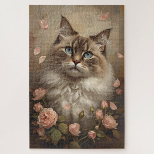 Blaugäugige Katze mit Rosen – Elegantes Blumenpuzz