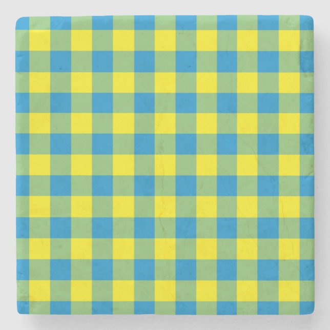 Blaugelb-grünes Kariertes Schachbrett Muster Steinuntersetzer (Vorderseite)