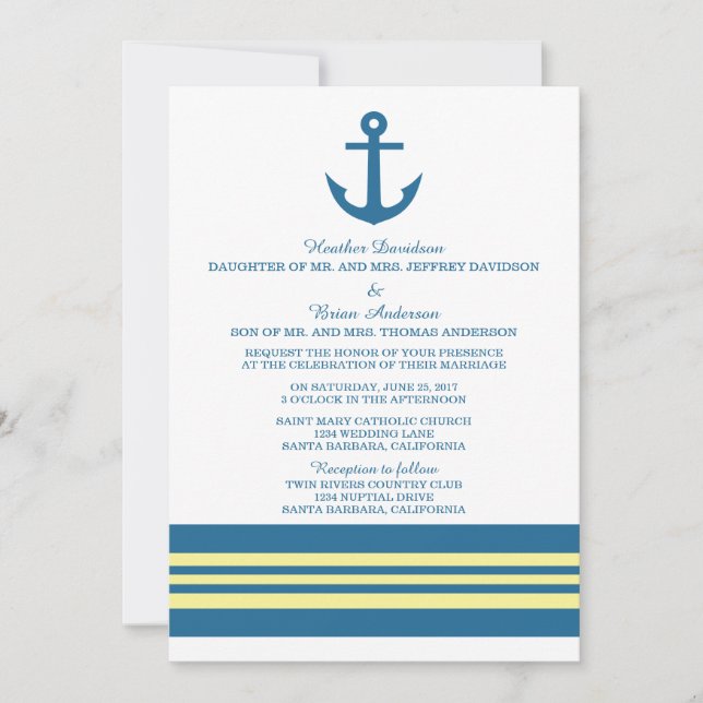 Blaugelbe Ankerhochzeit - Einladung (Vorderseite)