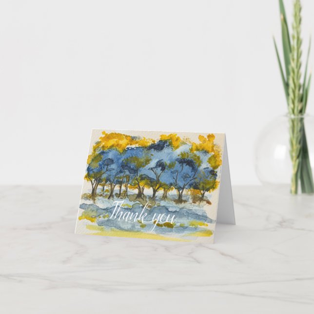Blaugelbe Aquarellbäume - leer - vielen Dank Karte (Vorderseite)
