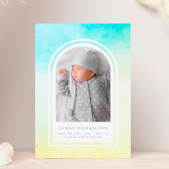 Blaugelbe Aquarellgeburt Foto Ankündigung (Von Creator hochgeladen)