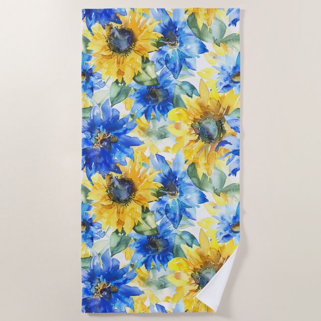 Blaugelbe Blumen Geburtstag Strandtuch (Vorderseite)