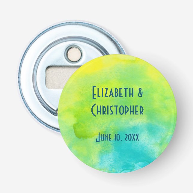 Blaugelbe grüne Wasserfarbengesicht-Hochzeit Flaschenöffner (Vorderseite)