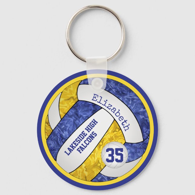 Blaugelbe Mädchenteam: Volleyball Schlüsselanhänger (Vorderseite)