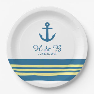 Blaugelbe nautische Anker-Hochzeitspapier-Teller Pappteller