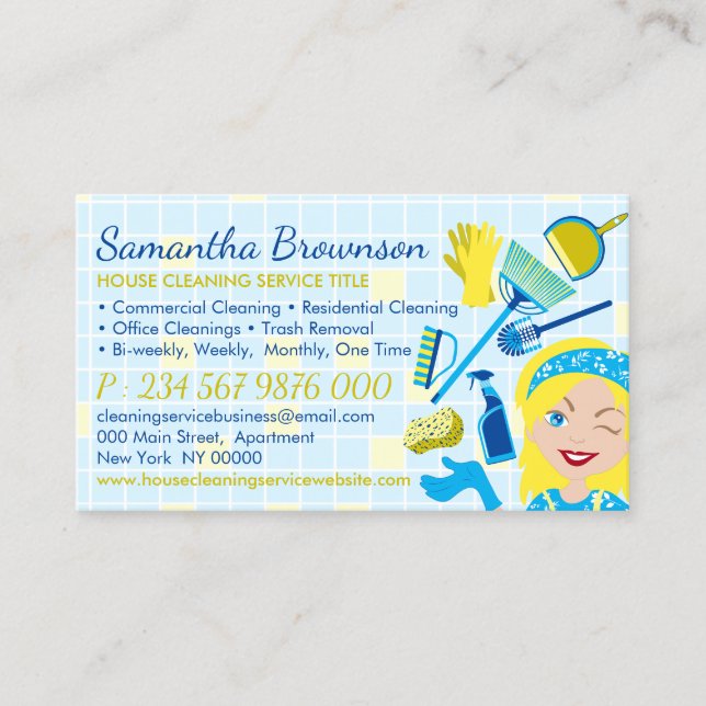 Blaugelbe Reinigung Janitorial Maid Housekeeping Visitenkarte (Vorderseite)