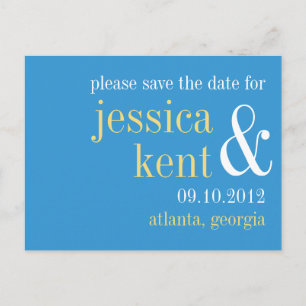 Blaugelbe Typografie modern Save the Date Ankündigungspostkarte