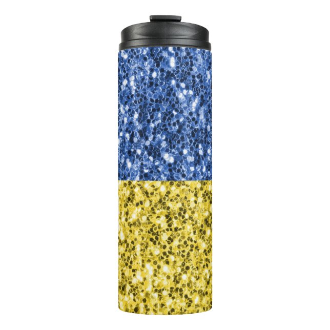 Blaugelbe ukrainische Flagge Glitzer Imitate Glitz Thermosbecher (Vorderseite)
